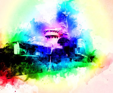 Savaş gemisi deniz illüstrasyonu antika sanat eseri çizimi