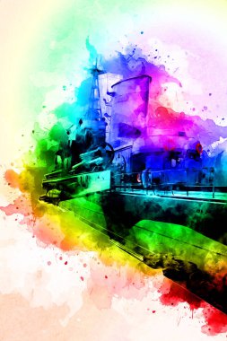 Savaş gemisi deniz illüstrasyonu antika sanat eseri çizimi