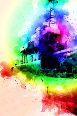 Savaş gemisi deniz illüstrasyonu antika sanat eseri çizimi