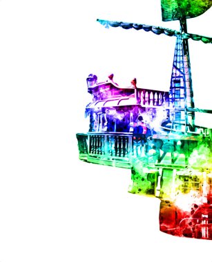 Deniz illüstrasyonunda yelken açan korsan gemisi klasik eskiz çiziyor.