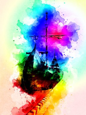 Deniz illüstrasyonunda yelken açan korsan gemisi klasik eskiz çiziyor.