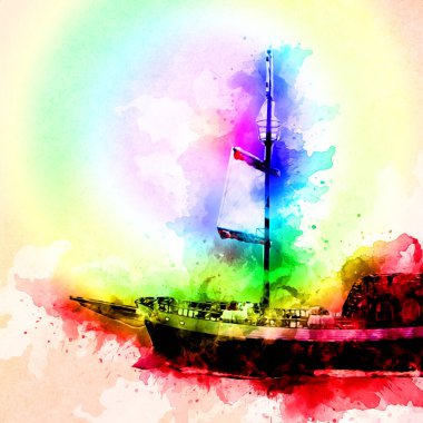 Deniz illüstrasyonunda yelken açan korsan gemisi klasik eskiz çiziyor.