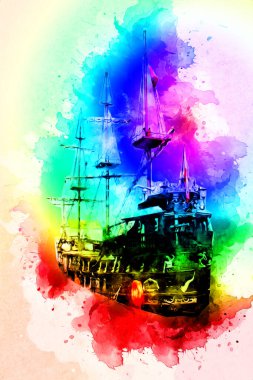 Deniz illüstrasyonunda yelken açan korsan gemisi klasik eskiz çiziyor.