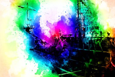 Deniz illüstrasyonunda yelken açan korsan gemisi klasik eskiz çiziyor.