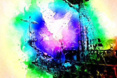 Deniz illüstrasyonunda yelken açan korsan gemisi klasik eskiz çiziyor.