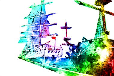 Antika tekne deniz motifi el yapımı sanat eseri çizimi