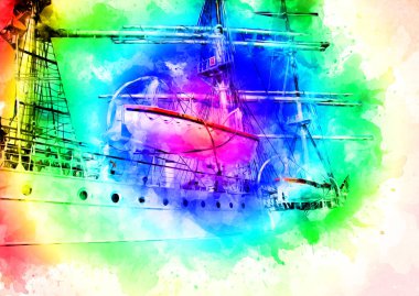 Antika tekne deniz motifi el yapımı sanat eseri çizimi