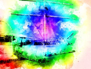 Antika tekne deniz motifi el yapımı sanat eseri çizimi