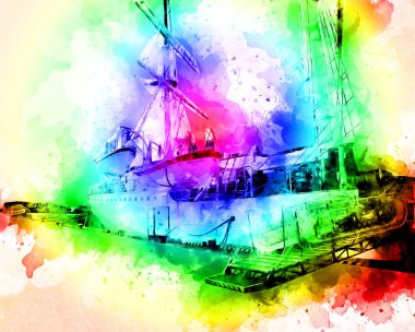 Antika tekne deniz motifi el yapımı sanat eseri çizimi