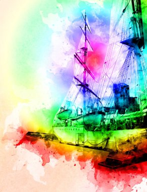 Antika tekne deniz motifi el yapımı sanat eseri çizimi