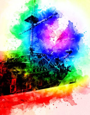 Antika tekne deniz motifi el yapımı sanat eseri çizimi