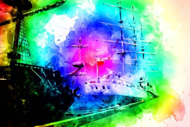 Antika tekne deniz motifi el yapımı sanat eseri çizimi