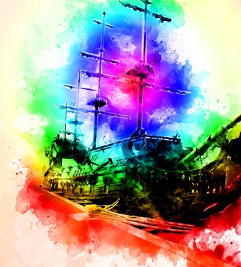 Antika tekne deniz motifi el yapımı sanat eseri çizimi