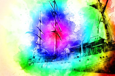 Antika tekne deniz motifi el yapımı sanat eseri çizimi