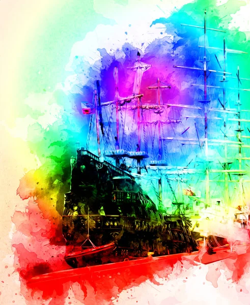 Antika tekne deniz motifi el yapımı sanat eseri çizimi