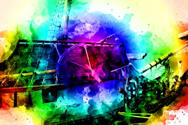 Antika tekne deniz motifi el yapımı sanat eseri çizimi