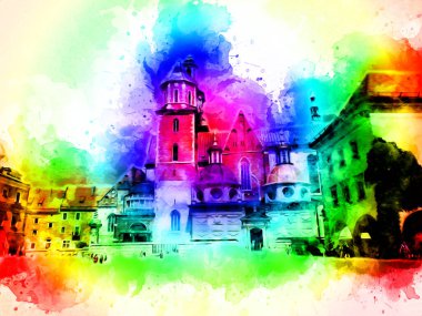 Eski şehir Krakow sanat illüstrasyonları antika