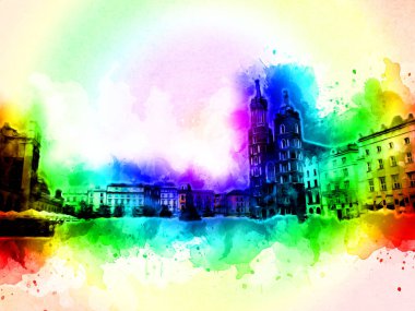 Eski şehir Krakow sanat illüstrasyonları antika