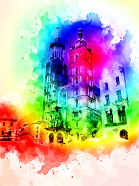 Eski şehir Krakow sanat illüstrasyonları antika