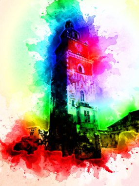 Eski şehir Krakow sanat illüstrasyonları antika