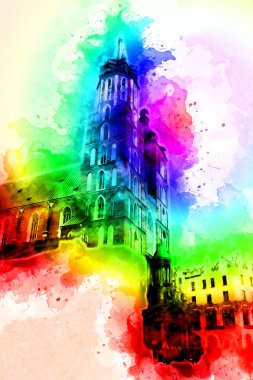 Eski şehir Krakow sanat illüstrasyonları antika