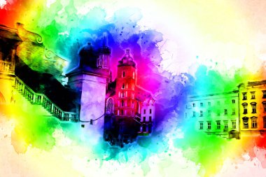 Eski şehir Krakow sanat illüstrasyonları antika