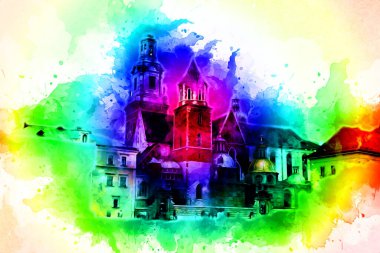 Eski şehir Krakow sanat illüstrasyonları antika