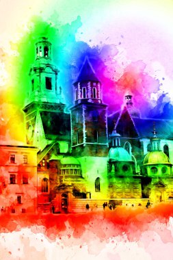 Eski şehir Krakow sanat illüstrasyonları antika