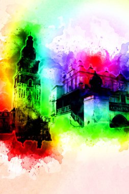 Eski şehir Krakow sanat illüstrasyonları antika