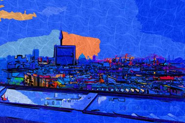 Berlin gökdeleni TV kulesi ve günbatımında Spree nehri, Almanya