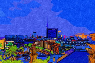 Berlin gökdeleni TV kulesi ve günbatımında Spree nehri, Almanya