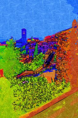 Şehir manzarası Assisi bazilikası ve manastır İtalya klasik retro