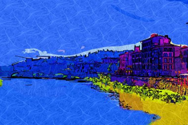 Floransa, Toskana, İtalya 'daki Arno Nehri üzerindeki Ponte Vecchio ortaçağ taş köprüsünün havadan görünüşü. Floransa şehir manzarası. Floransa mimarisi ve simgesi.