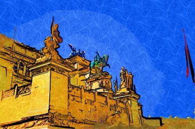 View of the Monument of Victor Emmanuel II at Venezia Squara at sunrise. Rome, Italy