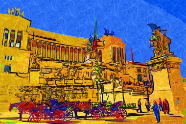 View of the Monument of Victor Emmanuel II at Venezia Squara at sunrise. Rome, Italy