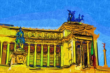 View of the Monument of Victor Emmanuel II at Venezia Squara at sunrise. Rome, Italy