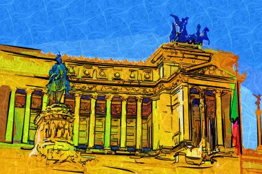 View of the Monument of Victor Emmanuel II at Venezia Squara at sunrise. Rome, Italy