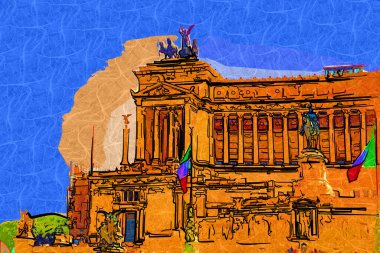 View of the Monument of Victor Emmanuel II at Venezia Squara at sunrise. Rome, Italy