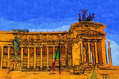 View of the Monument of Victor Emmanuel II at Venezia Squara at sunrise. Rome, Italy