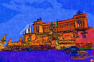 View of the Monument of Victor Emmanuel II at Venezia Squara at sunrise. Rome, Italy