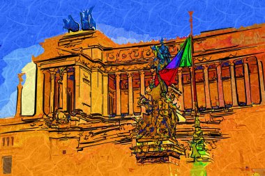 View of the Monument of Victor Emmanuel II at Venezia Squara at sunrise. Rome, Italy