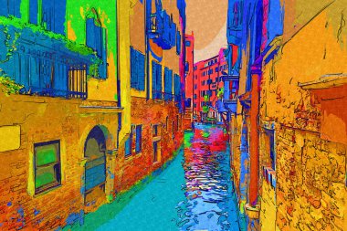 Venedik, İtalya 'da gondollu kanal sokağı, eski, eski, antika