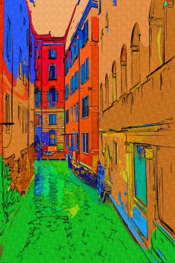 Venedik, İtalya 'da gondollu kanal sokağı, eski, eski, antika