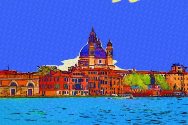 Venedik, Büyük Kanal manzarası ve Santa Maria Della sa Bazilikası. İtalya