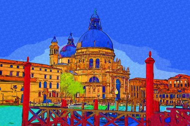 Venedik, Büyük Kanal manzarası ve Santa Maria Della sa Bazilikası. İtalya