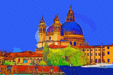 Venedik, Büyük Kanal manzarası ve Santa Maria Della sa Bazilikası. İtalya