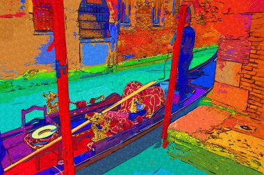 Venedikli gondolcu Venedik İtalya 'nın yeşil kanal sularında gondola biniyor.