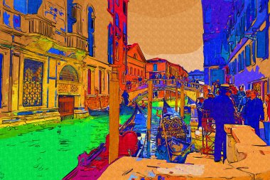 Venedikli gondolcu Venedik İtalya 'nın yeşil kanal sularında gondola biniyor.