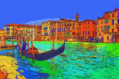 Venedikli gondolcu Venedik İtalya 'nın yeşil kanal sularında gondola biniyor.