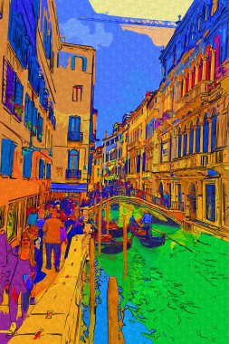 Venedikli gondolcu Venedik İtalya 'nın yeşil kanal sularında gondola biniyor.